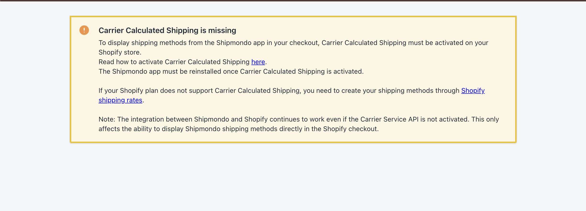 Carrier Calculated Shipping varning